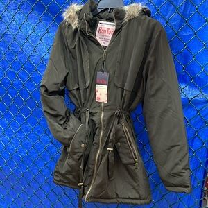 New Ladies Long Dark Olive Hoodie Coat Zip Closure Faux Fur Lined Trim Jacket